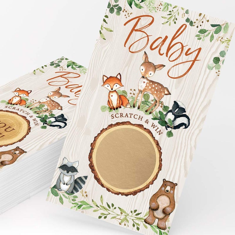Printed Party Baby Shower Game â€“ Woodland Scratch Off Cards for Boy or Girl, Forest Animal Theme, 30 Cards & Stickers - Image 5
